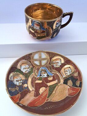 JAPAN SATSUMA TEACUP & SAUCER EMBOSSED GRAPHICS DEMITASSE SIZE HAND PAINTED
